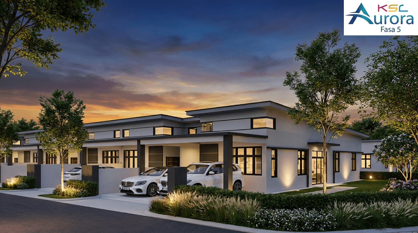 KSL Aurora Fasa 5 single storey terrace home exterior facade at dusk, Bestari Indah Johor Bahru