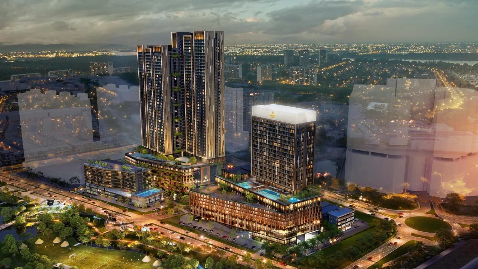 Amora Residence twin towers beside the Amora Park urban park, Tampoi Johor Bahru, artist impression
