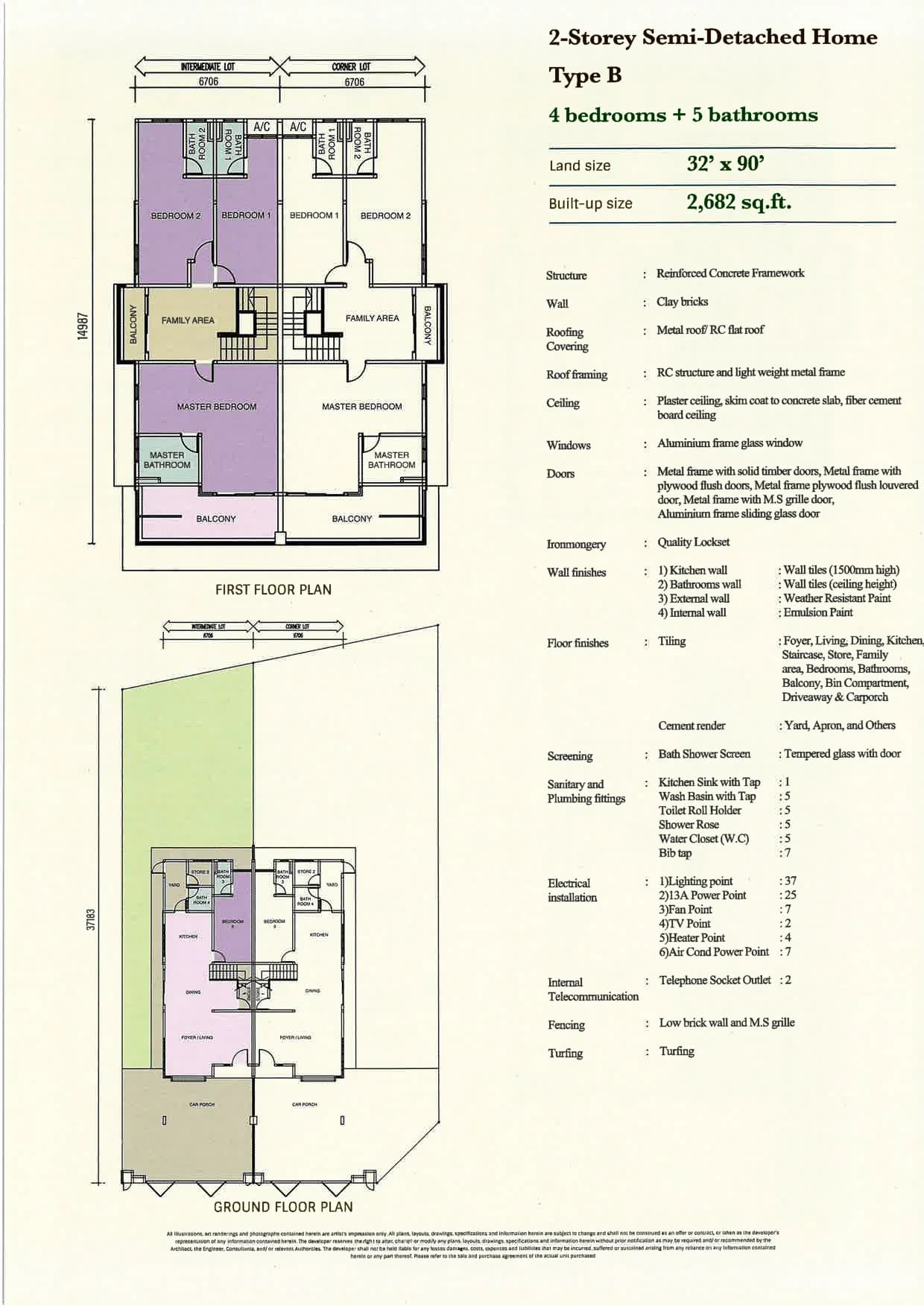 Greenwoods Residence @ Taman Daya B 型 · 双层半独立 户型图 (2682 sqft)