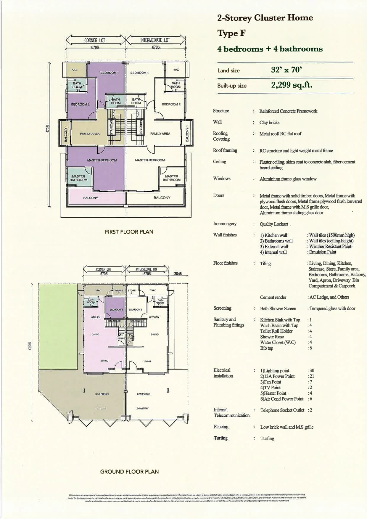 Greenwoods Residence @ Taman Daya F 型 · 双层 Cluster 户型图 (2299 sqft)