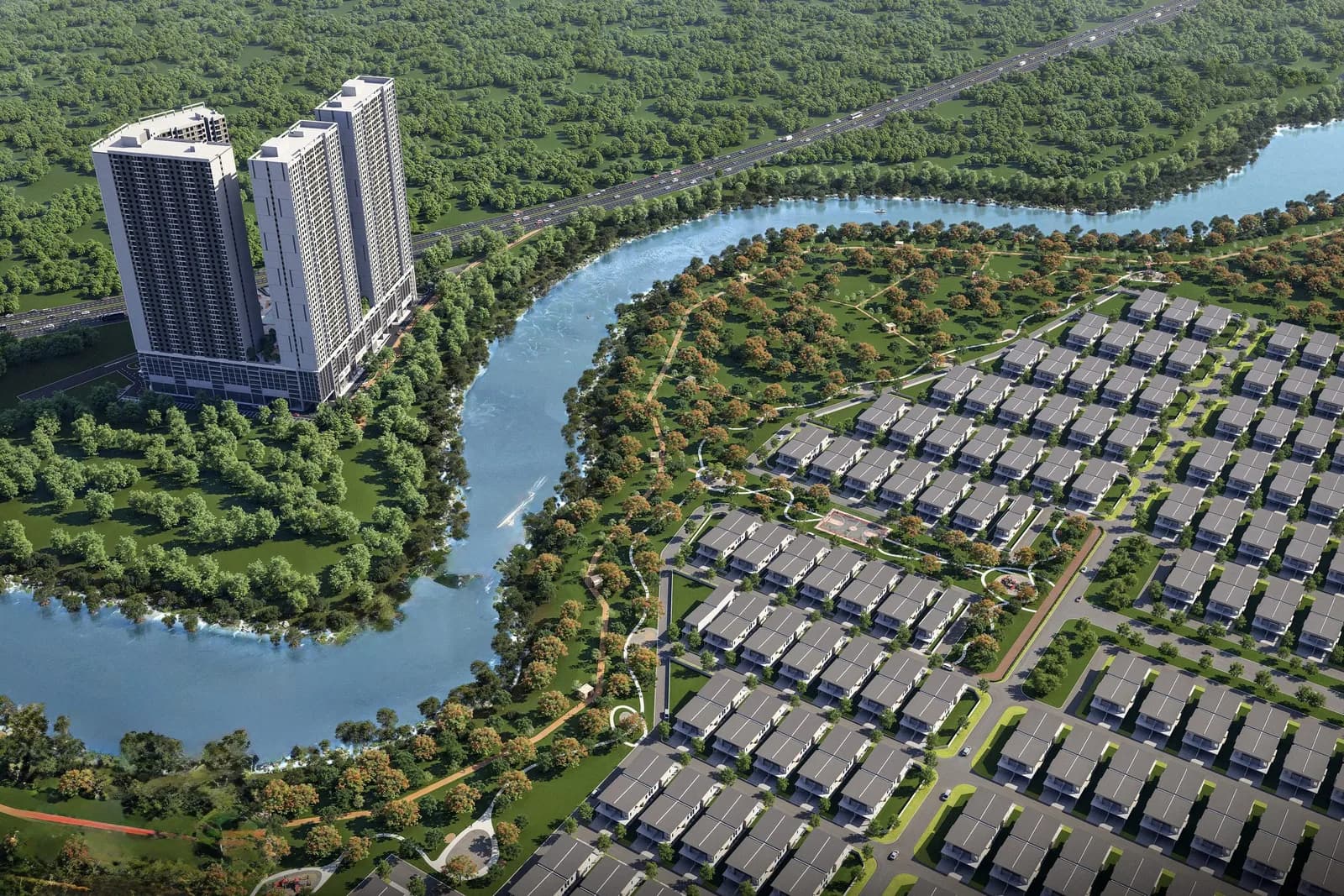 Aerial view of the Riveria Garden @ Wawari township by KSL beside the Sungai Melayu, Iskandar Puteri