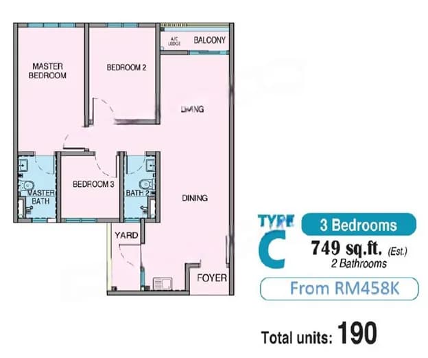 Riveria Garden @ Wawari Type C · 3-bedroom Floor plan (749 sqft)