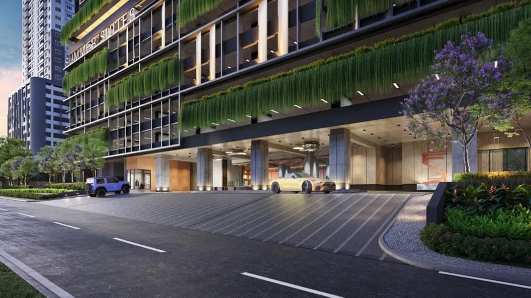 Summer Suites grand entrance drop-off with green wall facade, Johor Bahru CIQ