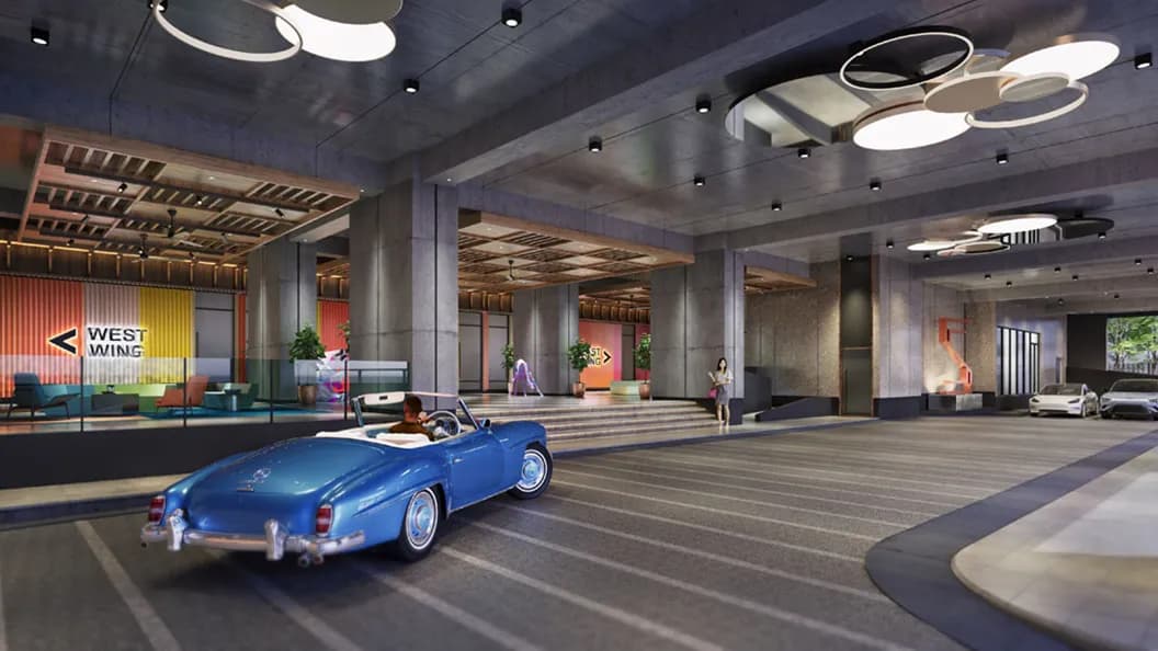 Summer Suites grand lobby interior with vintage car and colourful lounge, Johor Bahru CIQ