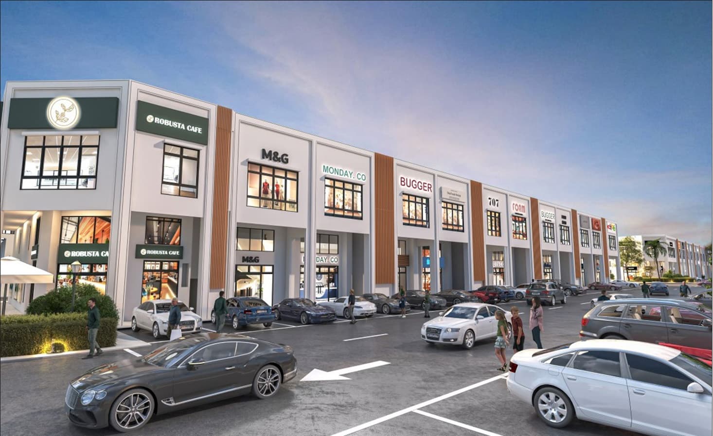 Ascent HUB II Business Park shoplot row street view rendering, Iskandar Puteri Johor