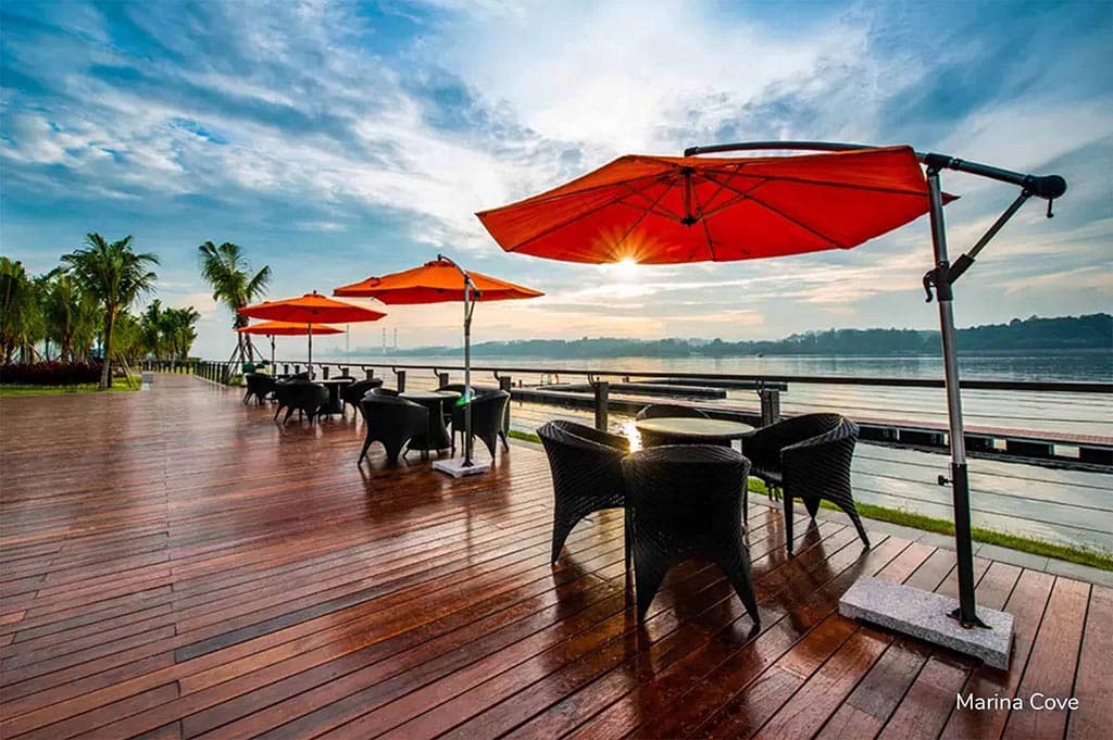Marina Cove waterfront deck with outdoor seating overlooking the strait, R&F Princess Cove Johor Bahru