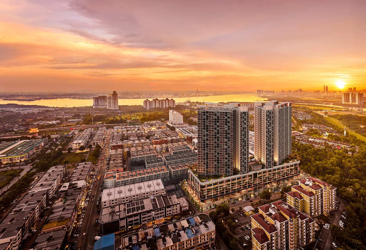 Aerial sunset view of Strait Views DUO towers and surrounding Permas Jaya neighbourhood, Johor Bahru