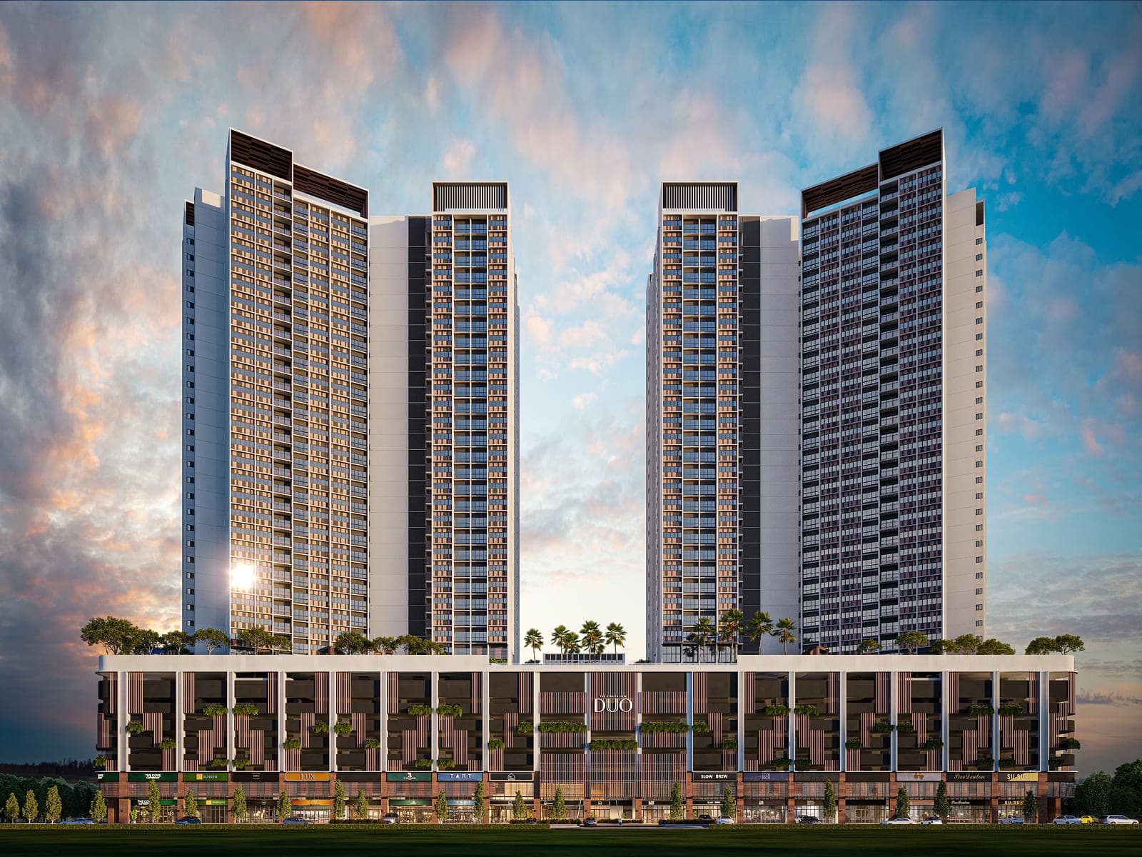 Strait Views DUO twin towers and retail podium street-level view, Permas Jaya Johor Bahru