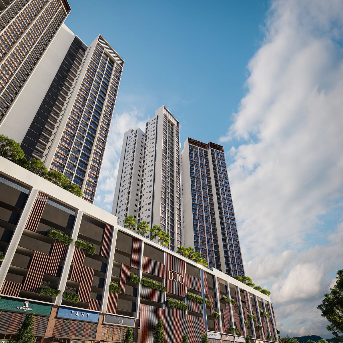 Strait Views DUO low-angle facade view with retail podium, Permas Jaya Johor Bahru