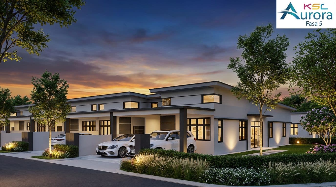 KSL Aurora Fasa 5 single storey terrace home exterior facade at dusk, Bestari Indah Johor Bahru