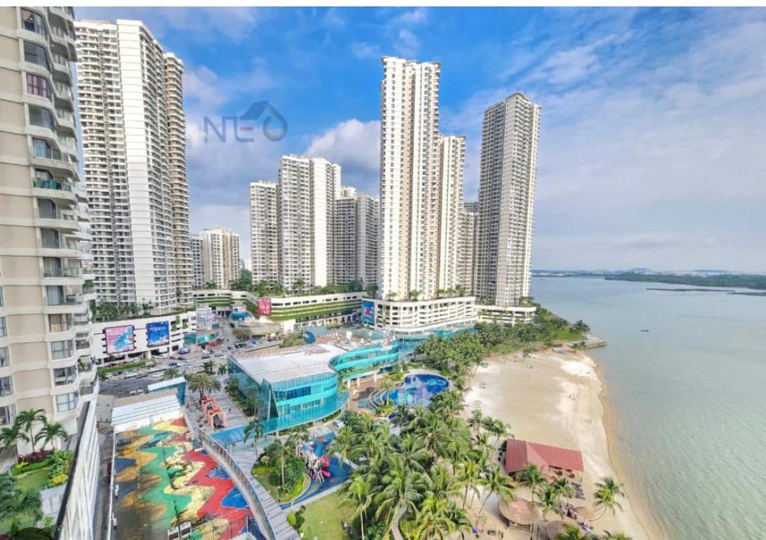 Country Garden Danga Bay aerial view with beachfront and waterpark, Johor Bahru CIQ